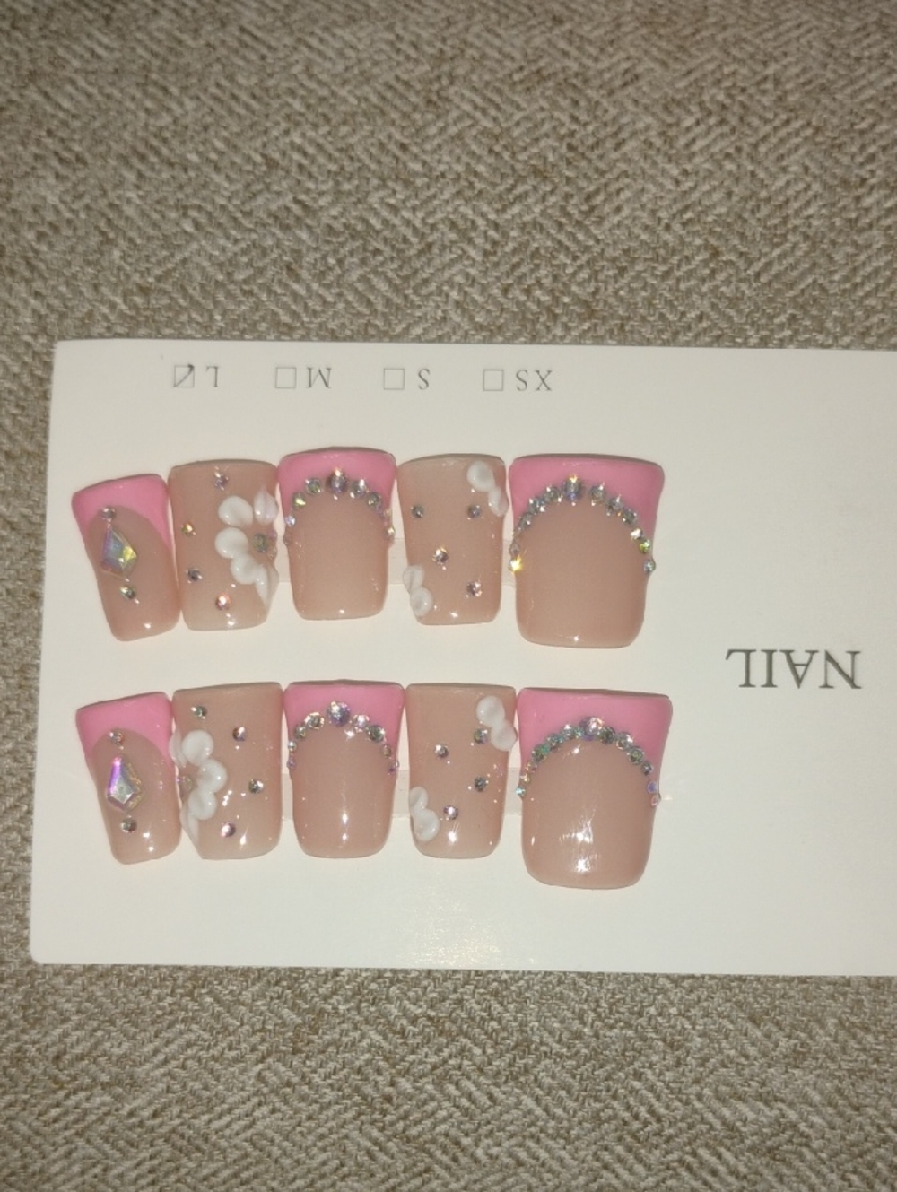 Pink French Tip Floral Rhinestone Press-On Nail Set - Nude Base
